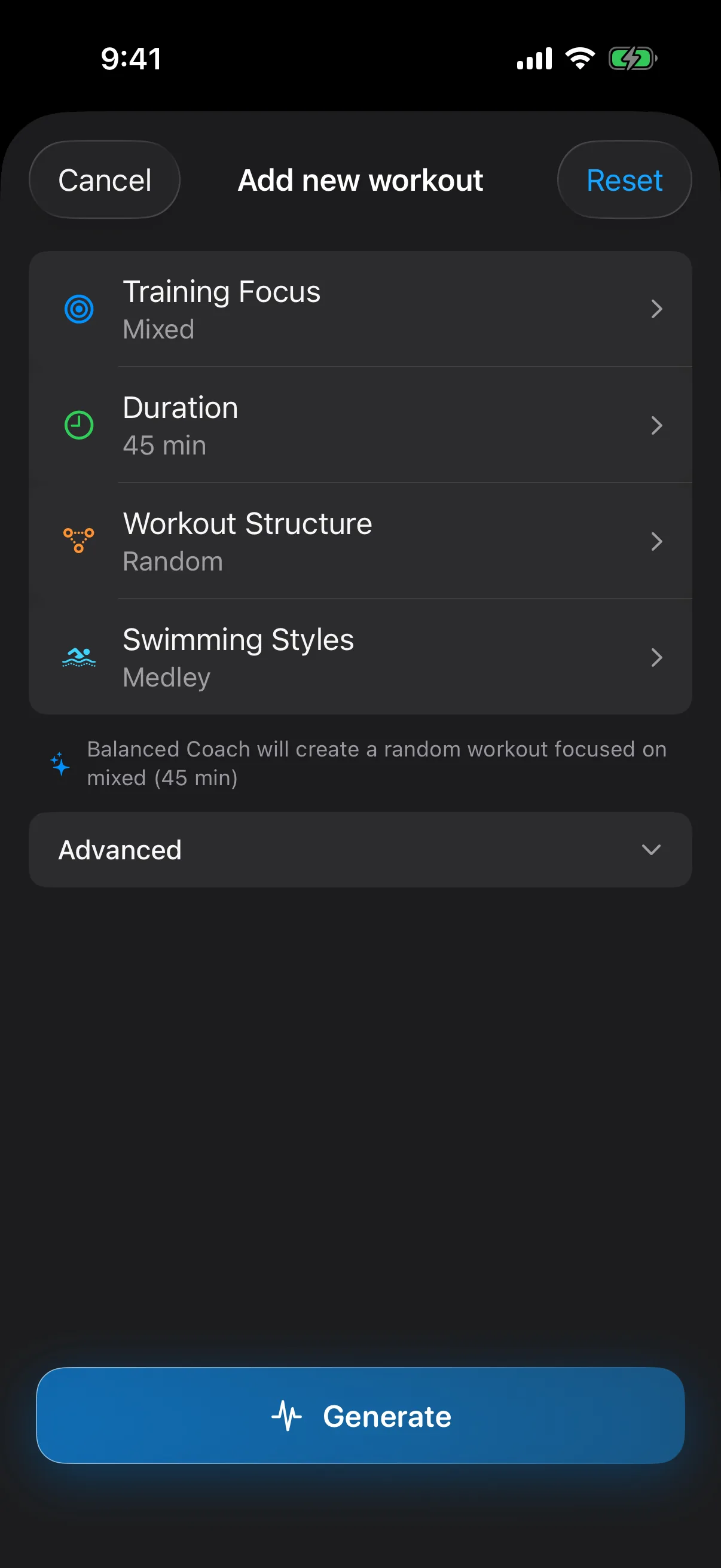 Blue Lap workout generator preview